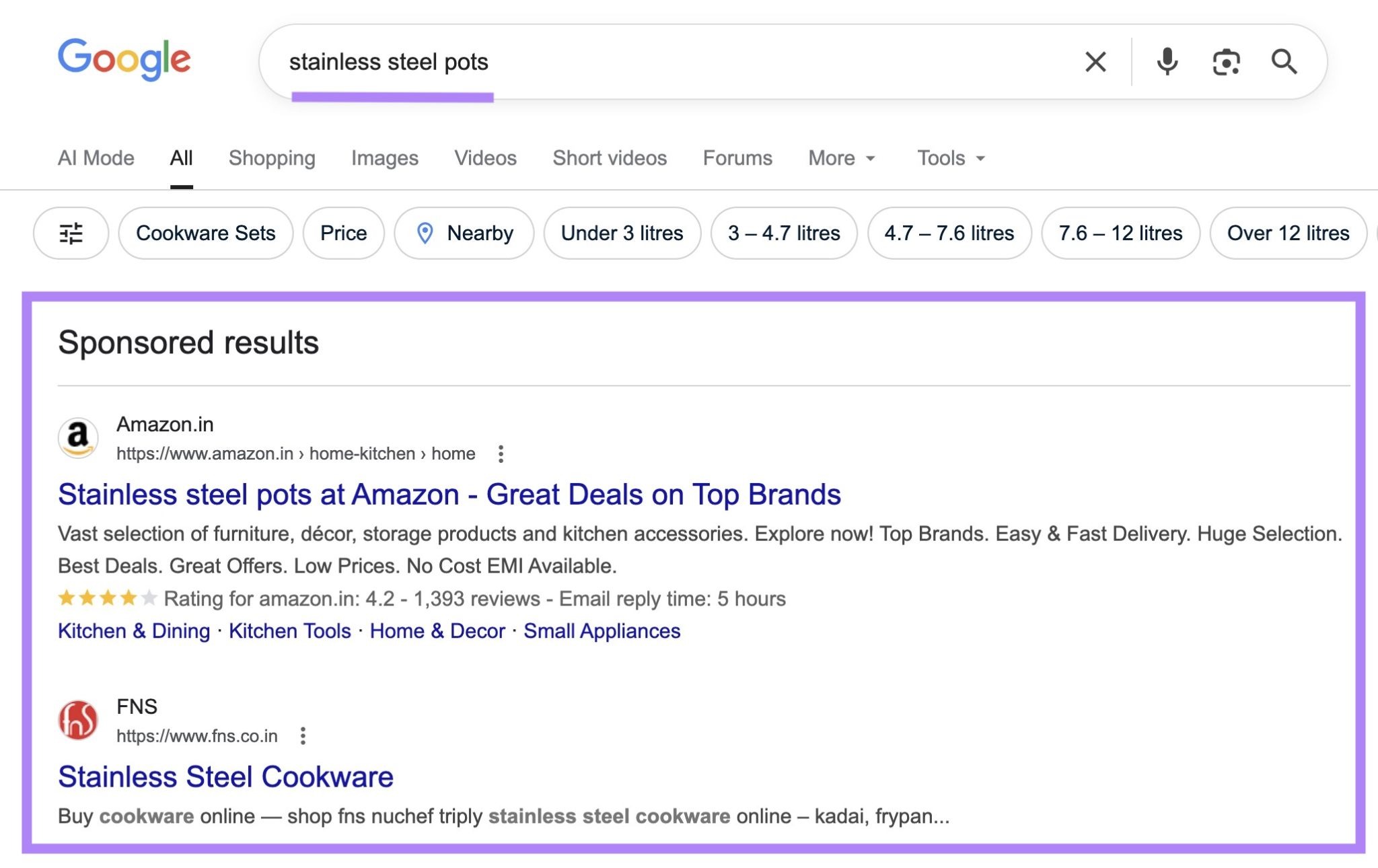Google SERP for the term "stainless steel pots" with the sponsored results at the top of the page highlighted.
