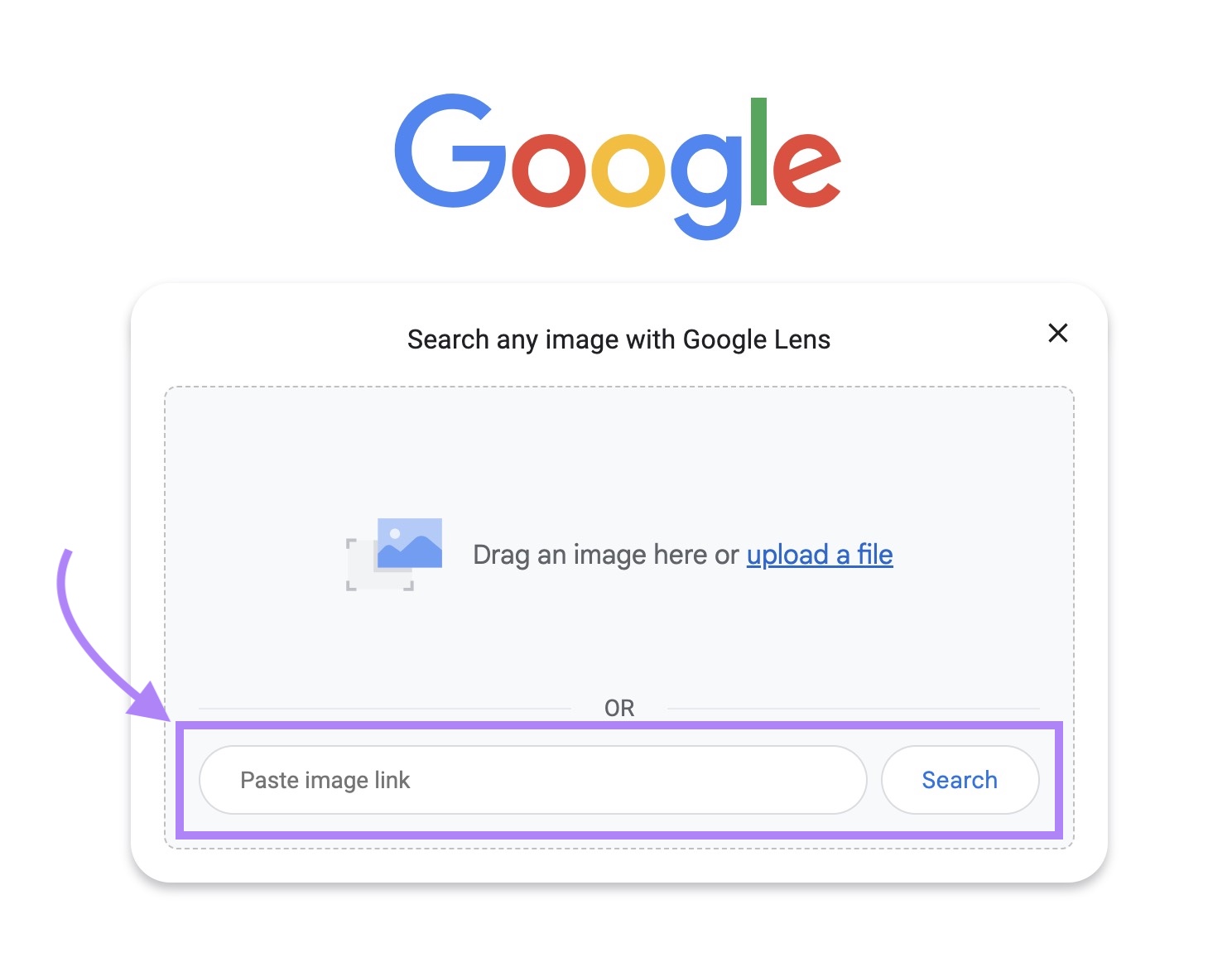 Google image search with the "Paste image link" box highlighted.
