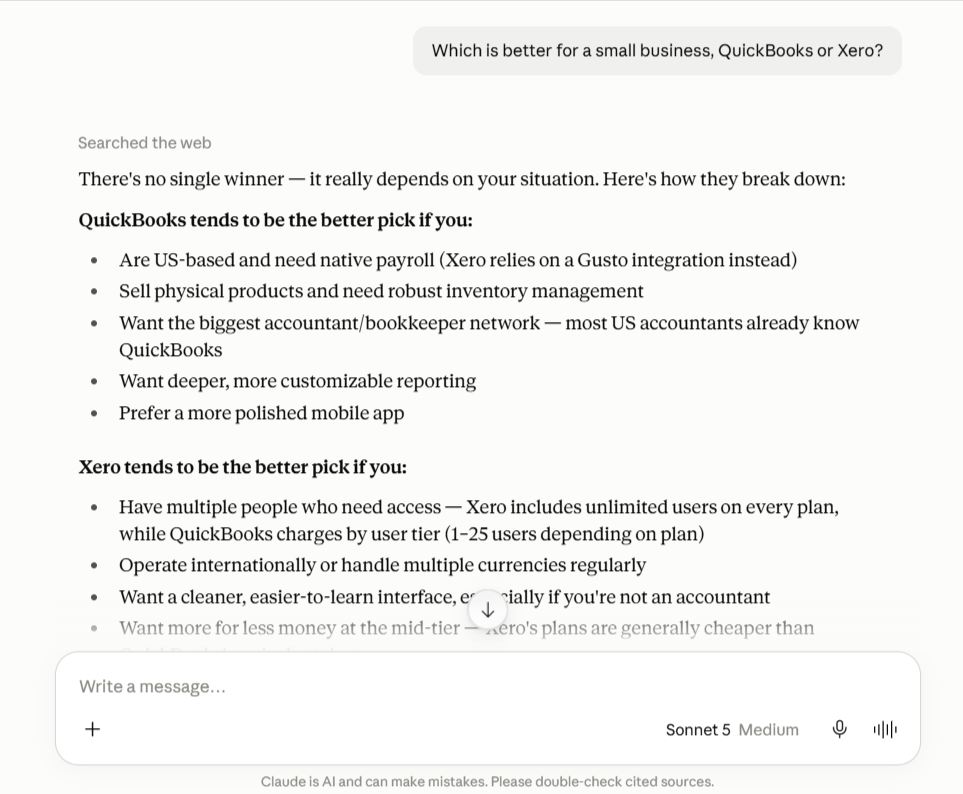 Claude compares QuickBooks and Xero, explaining which types of small businesses each accounting platform suits best