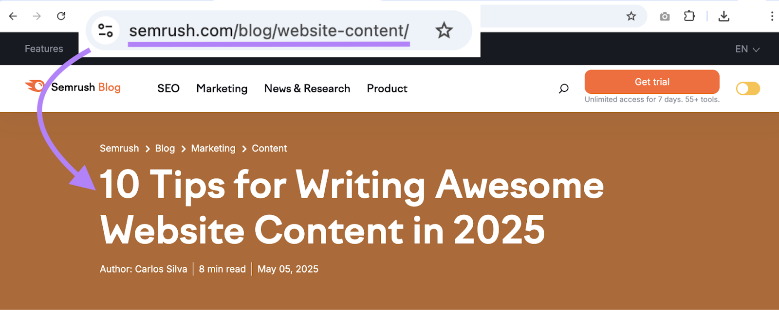 A blog titled 10 tips for writing awesome web content is at the URL semrush.com/blog/website-content.