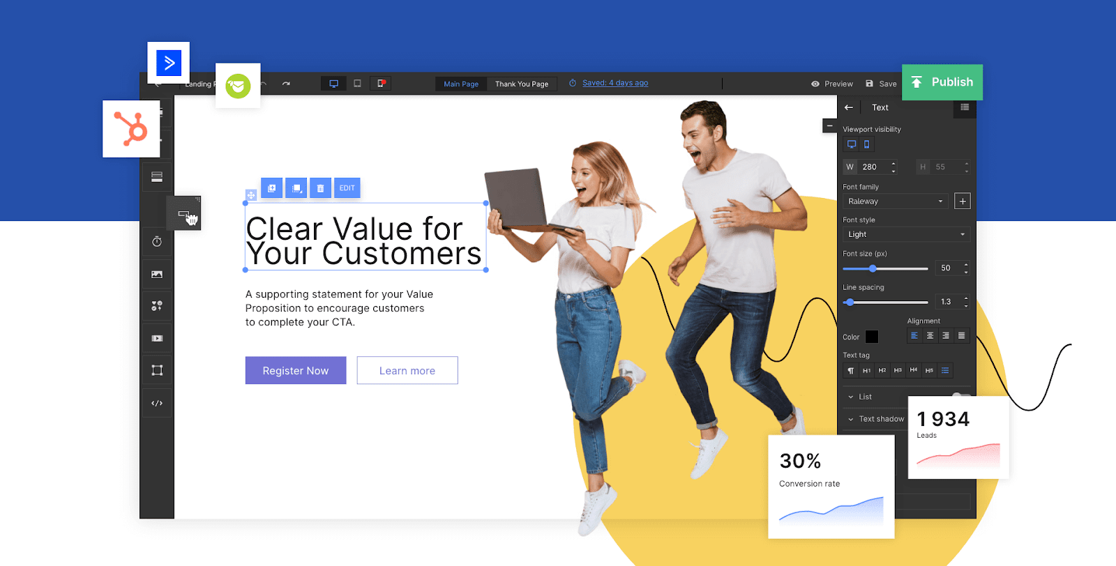 The Landing Page Builder app features a drag and drop interface with easy to edit modules.