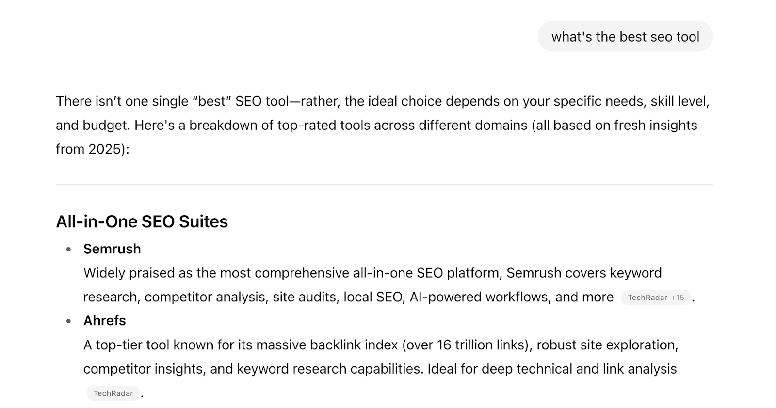 A query is entered into an AI tool, and the response mentions brands.