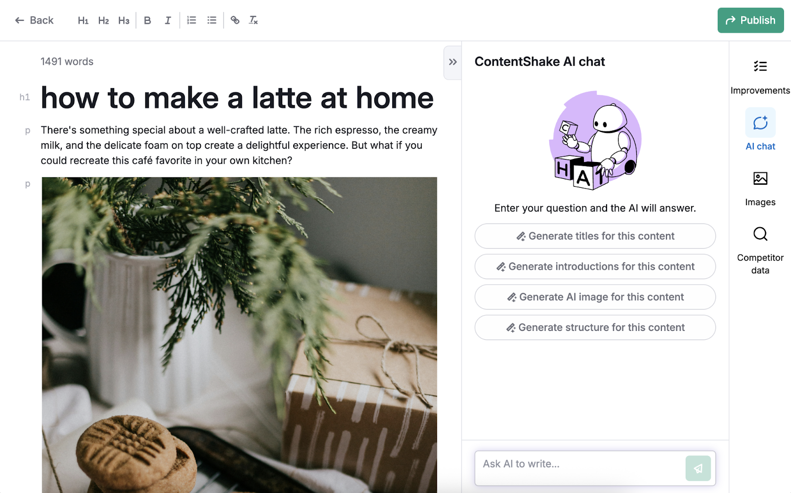 AI chat shows prompts to generate new titles, introductions, images, and structure.