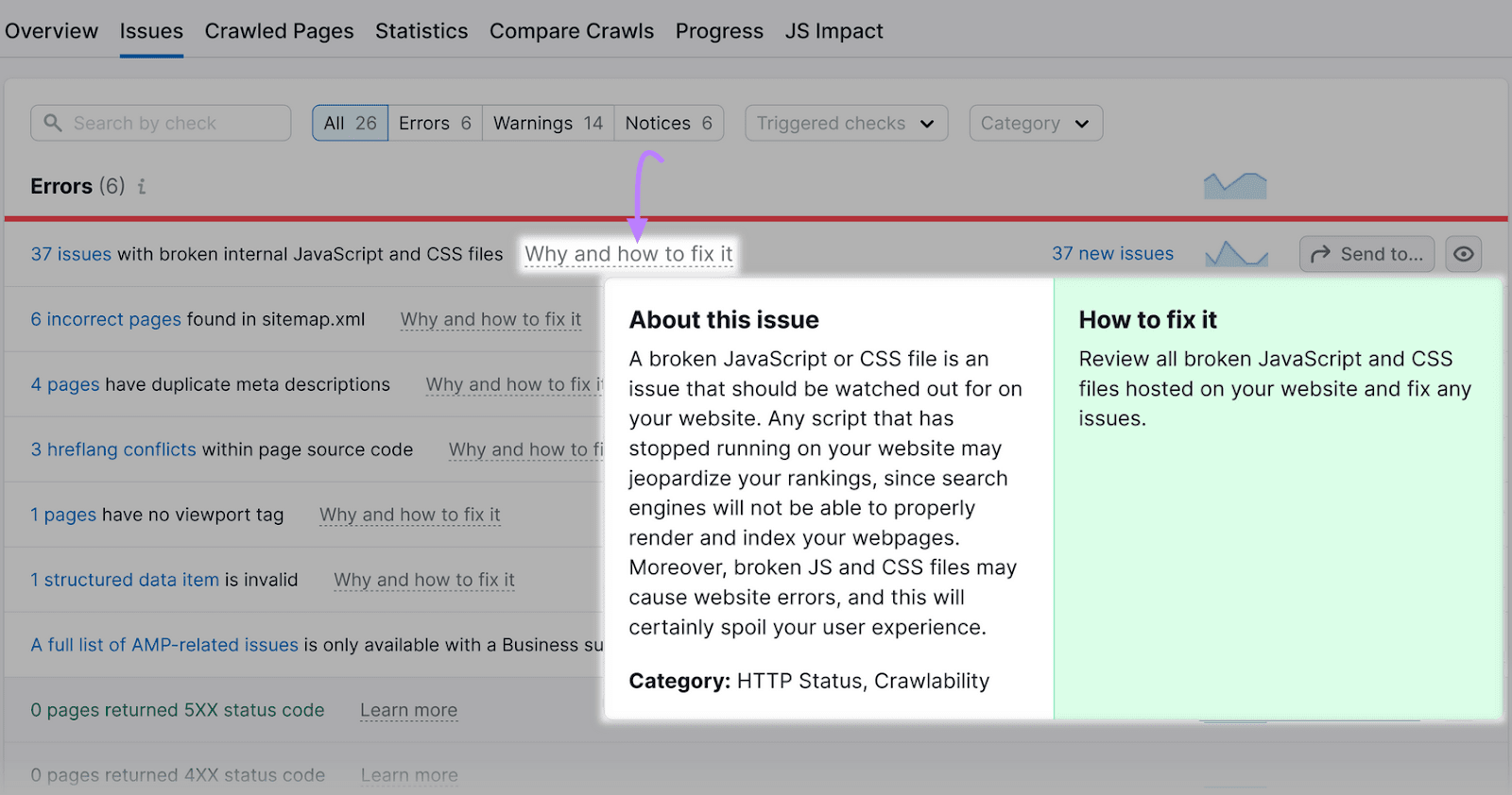 Site Audit Issues tab with one of the “Why and how to fix it” links clicked and expanded.
