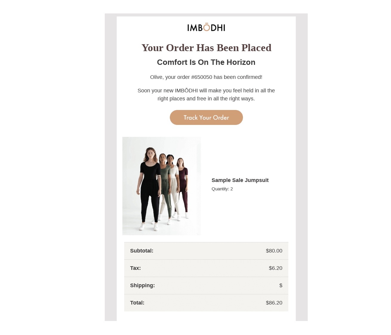 A post-purchase follow-up email, by Imbodhi, confirming order details along with a link to track the order.
