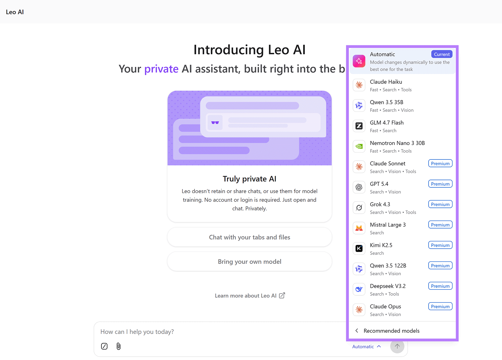 Brave Leo AI model selector showing options including Claude, GPT, Grok, Mistral, Qwen, and DeepSeek