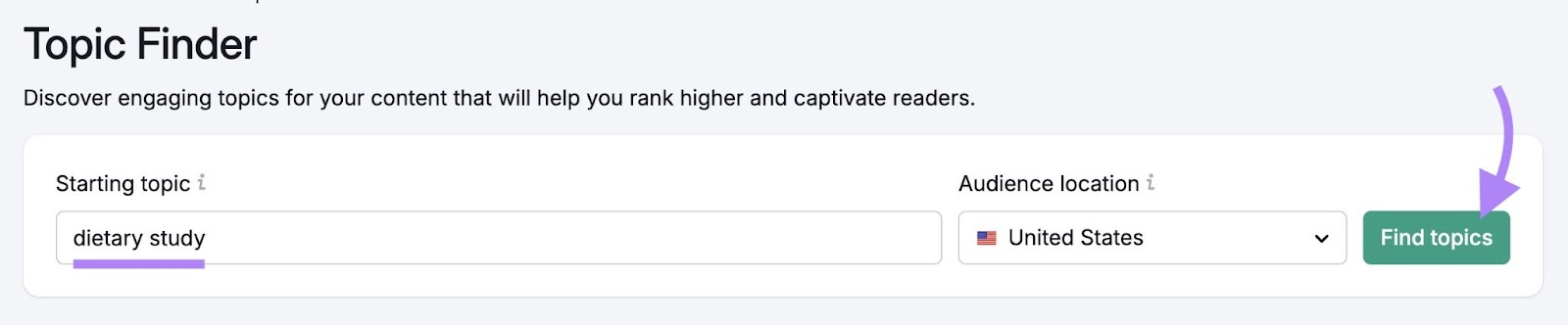 Topic Finder tool start with "dietary study" entered as the term and "Find topics" clicked.