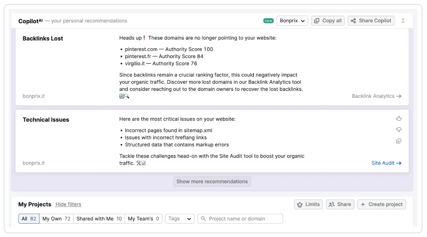 Seeing suggestions in the Semrush Copilot