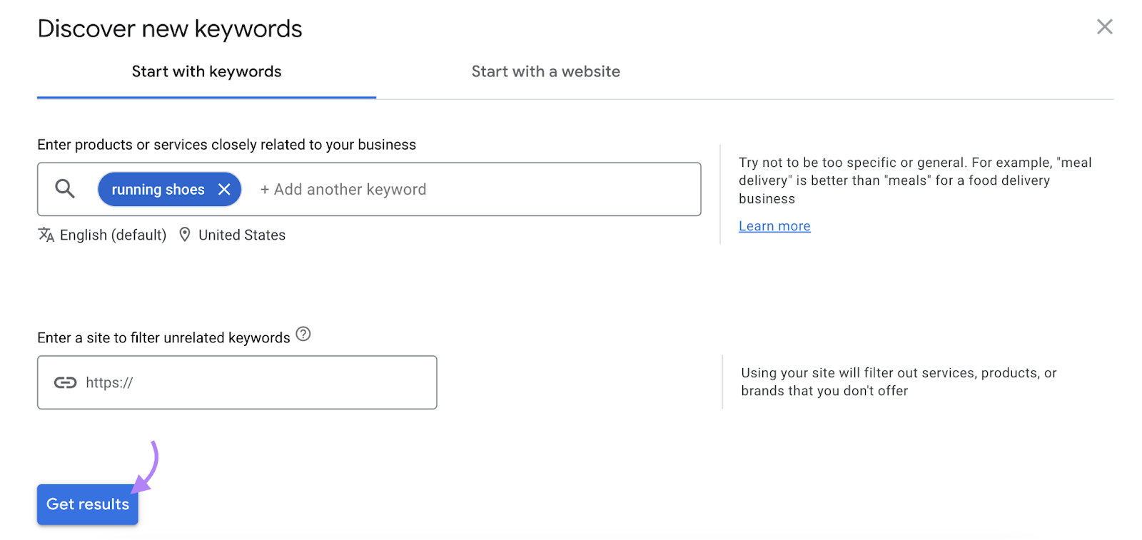 "Start with keywords" tab in Keyword Planner