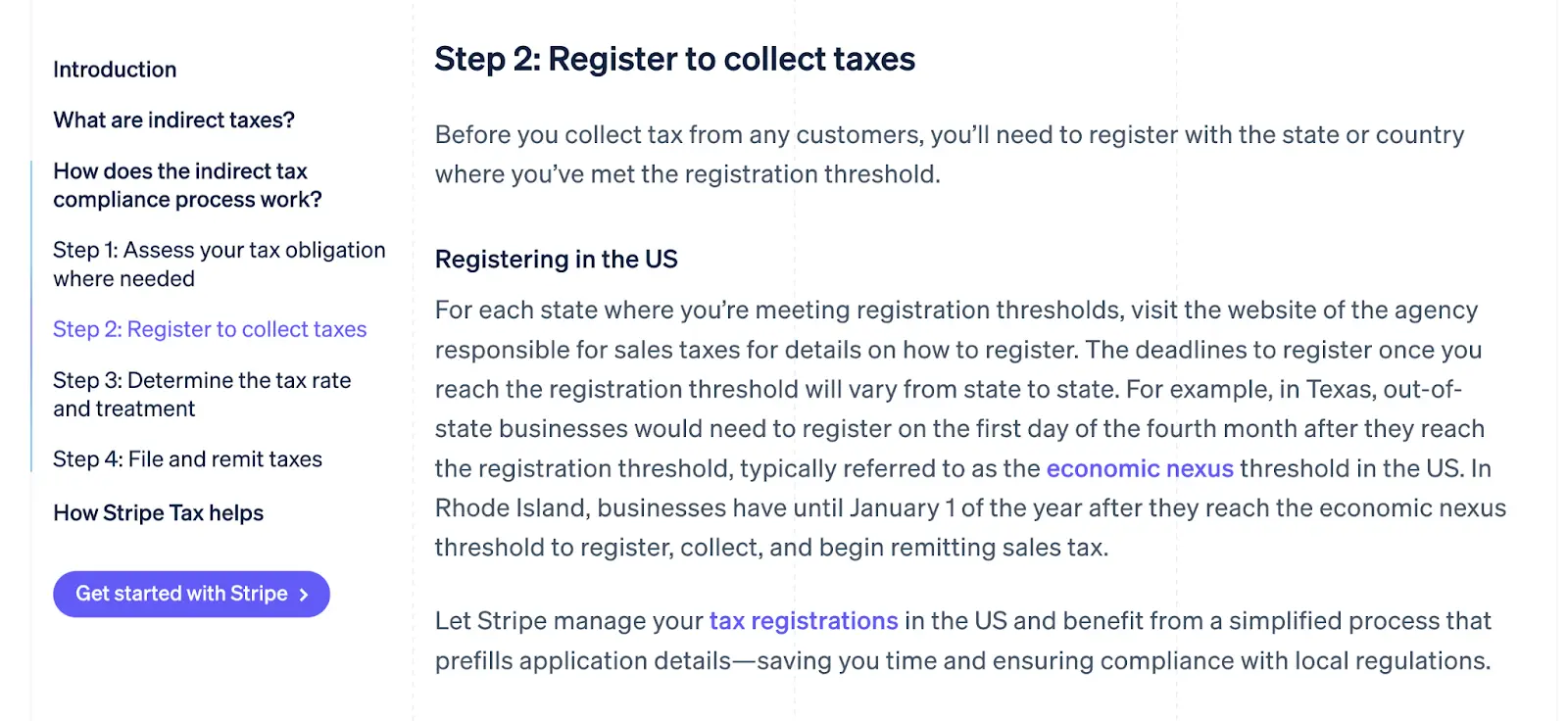 Stripe tax guide explaining how businesses register to collect sales tax after meeting registration thresholds