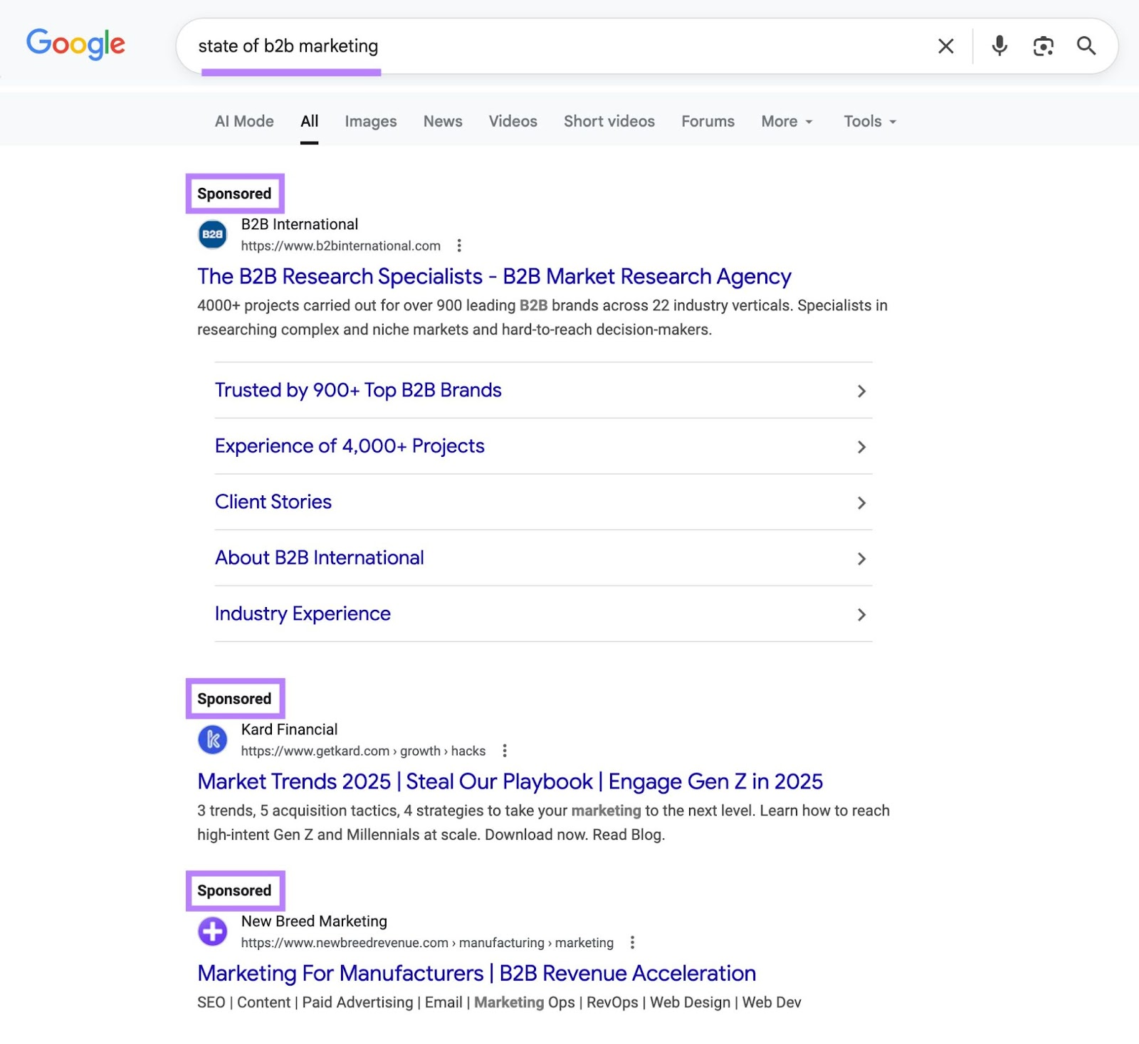 Google SERP with "state of b2b marketing" entered as the term with the three ads at the top of the results page highlighted.