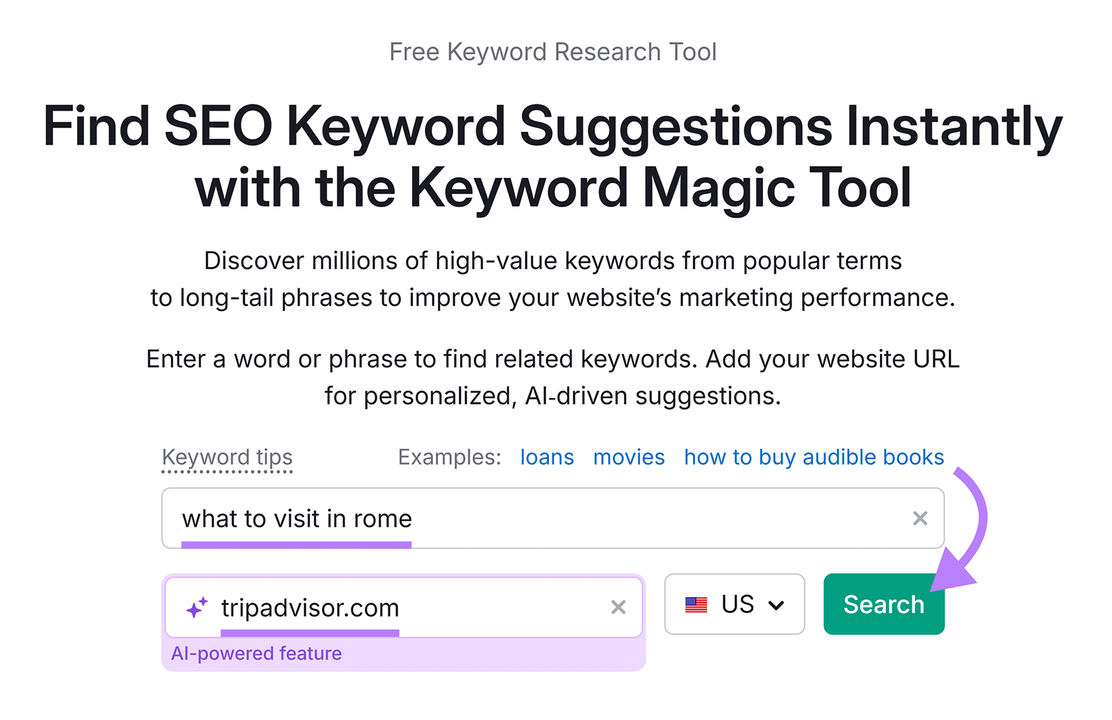 Keyword Magic Tool search bar with a query and URL entered, and an arrow pointing to the Search button.