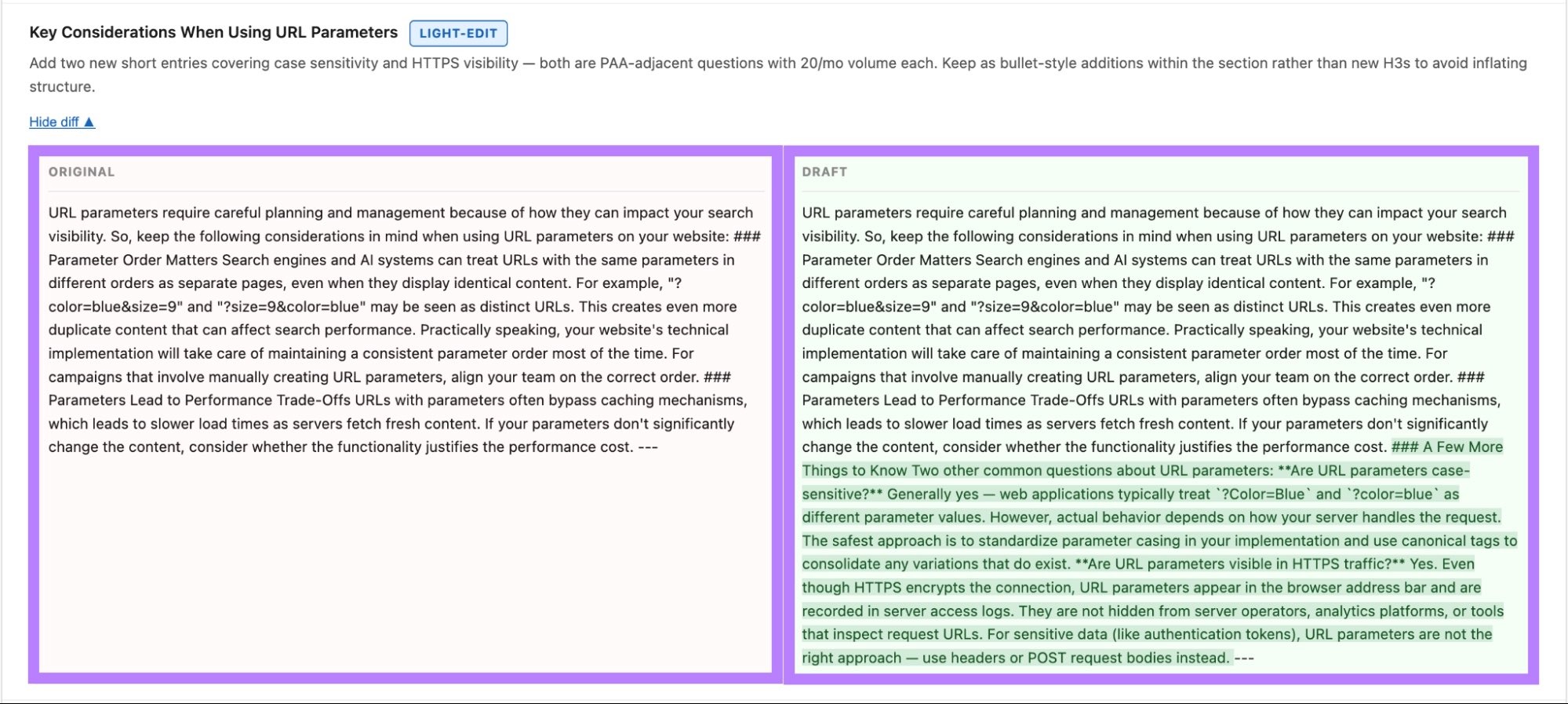 A side-by-side comparison of original versus draft with new URL parameter guidance added to an existing content section.