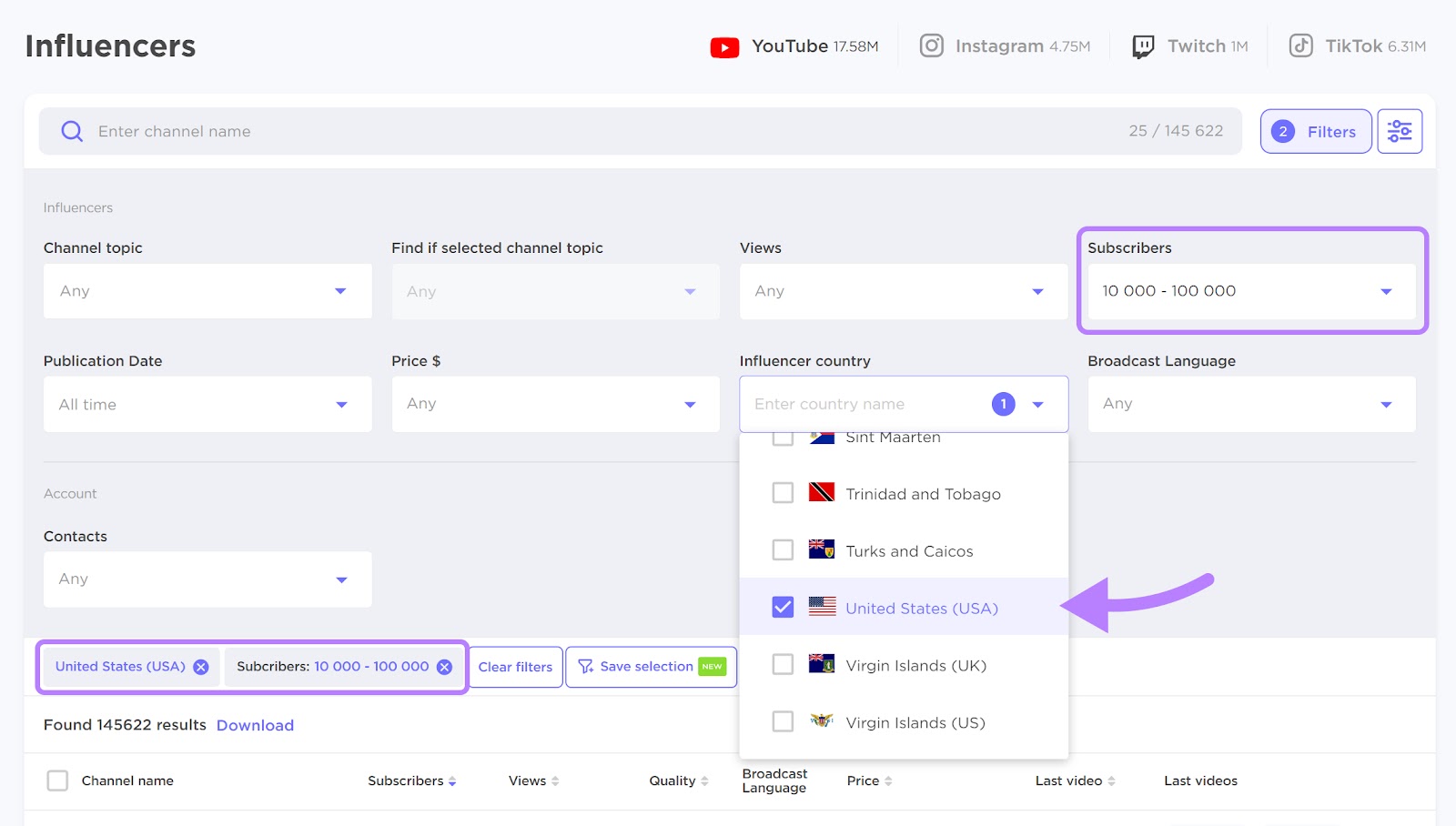 choosing influencers filters in the Influencer Analytics tool