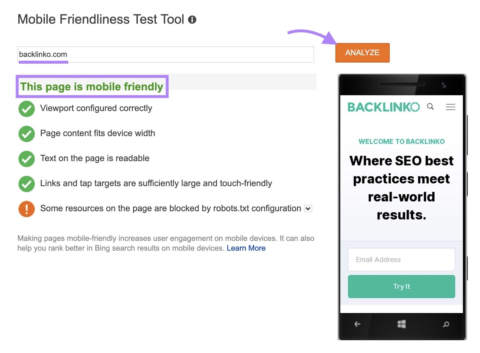 Mobile Friendliness Test Tool with a domain entered and "Analyze" clicked.