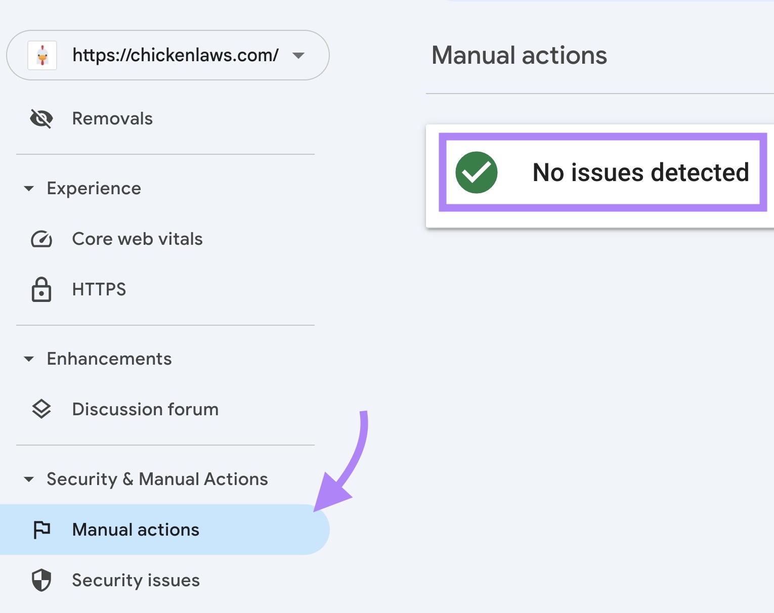 "Manual actions" report in Google Search Console with the green tick showing that no issues were detected.