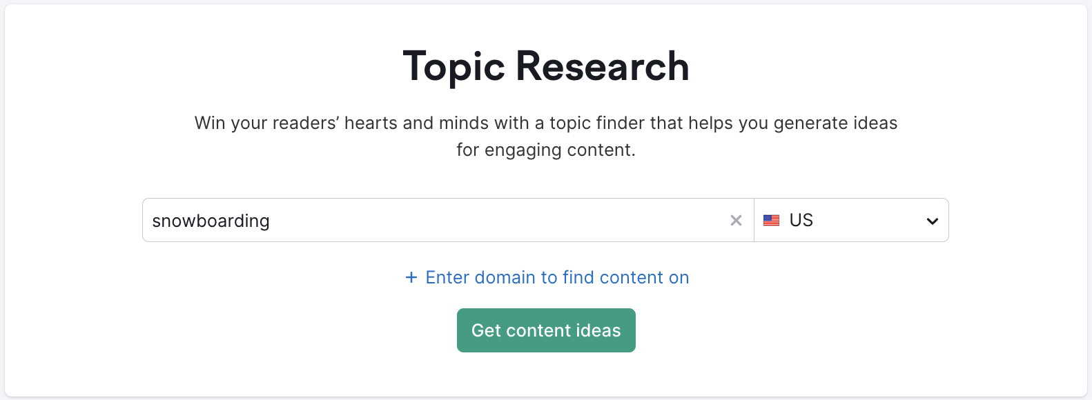 Topic Research starting page with options to enter a topic, select a country database, and add a domain to find content on.