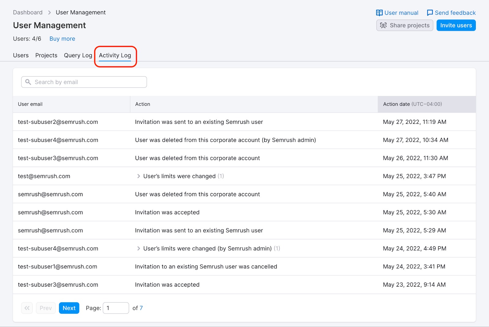 Example of the Activity Log.