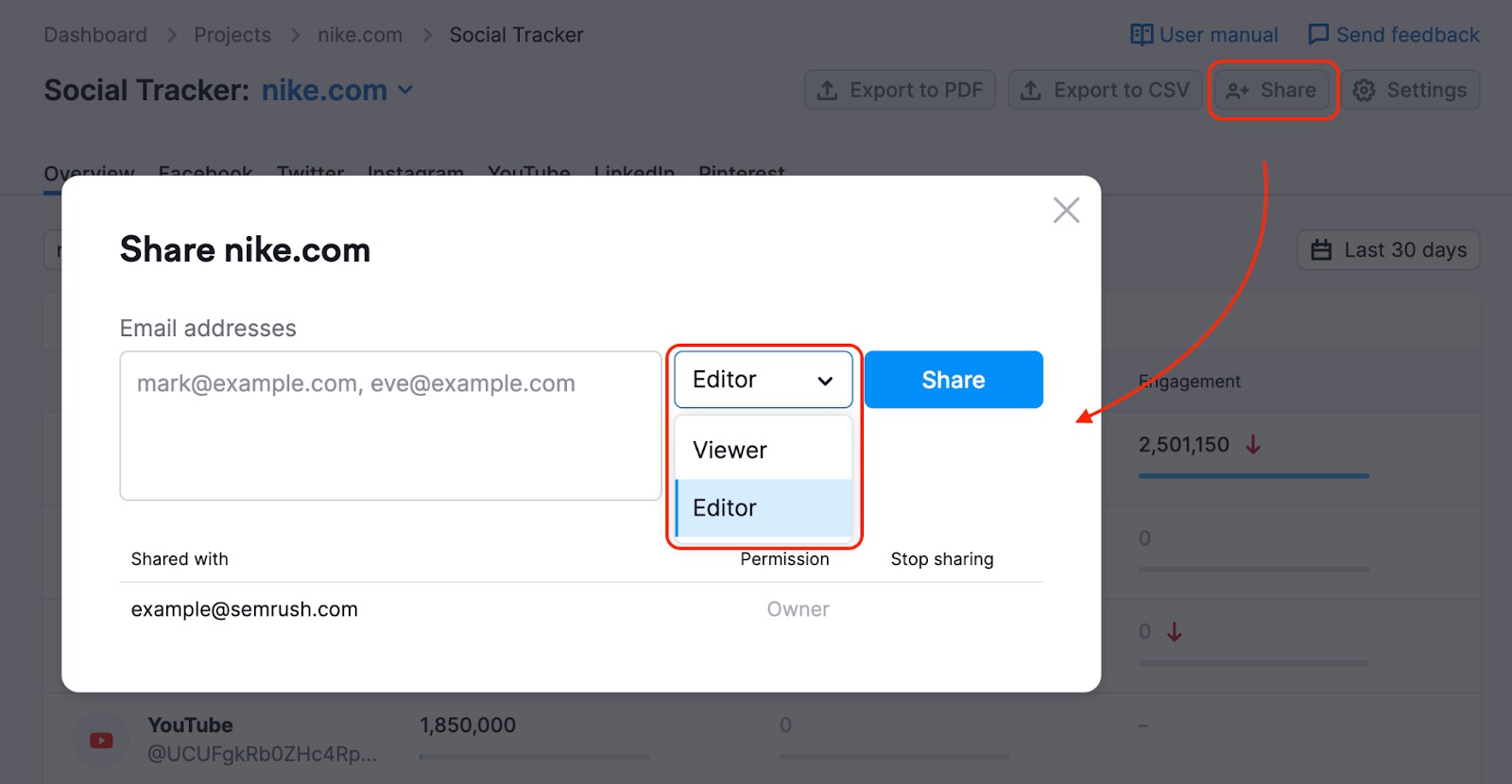 How to share a project from Social Tracker. A red rectangle is highlighting the Share button in the top-right corner, after clicking the button a pop-up window with sharing options appears.