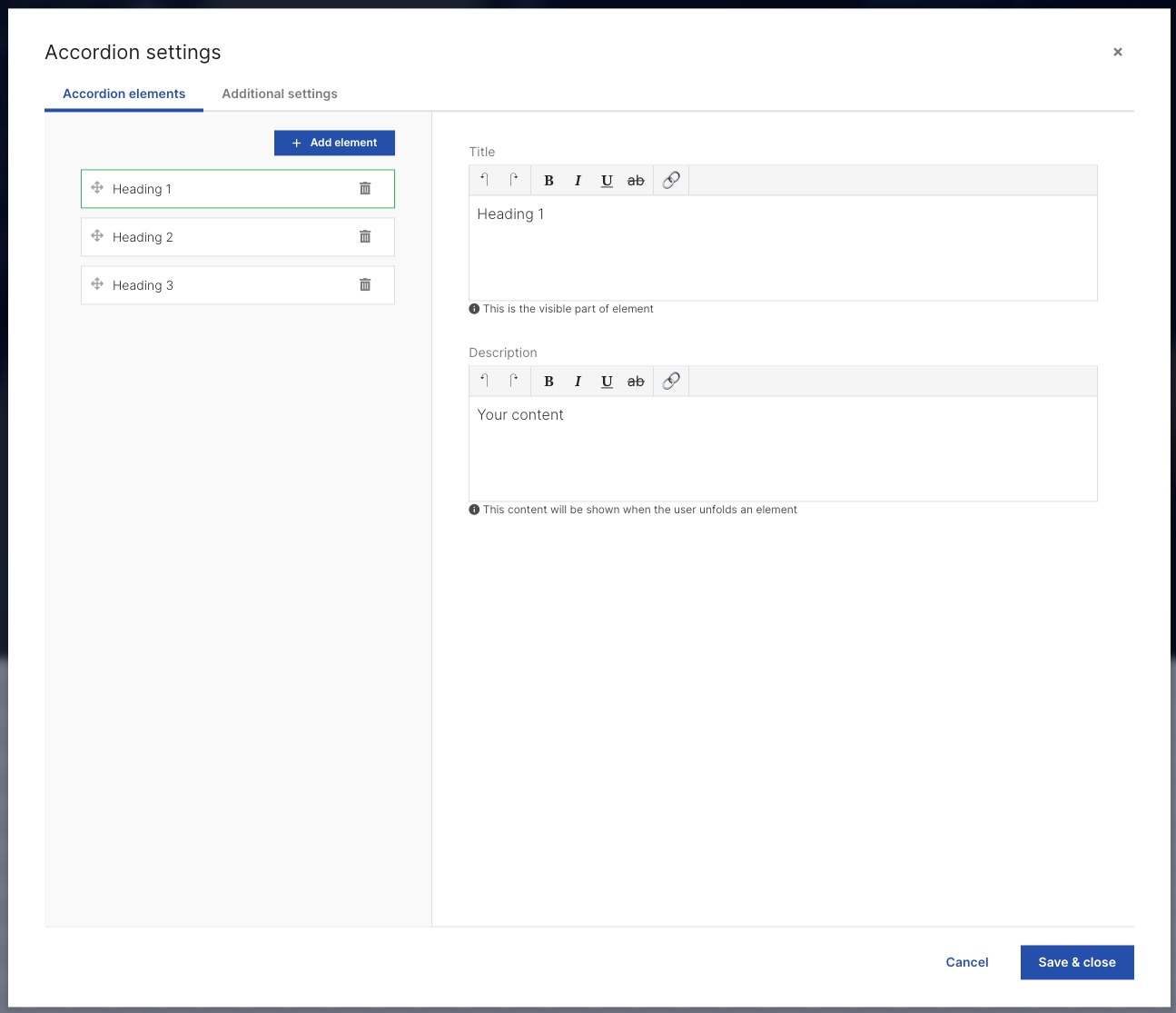 The accordion settings pop-up page.