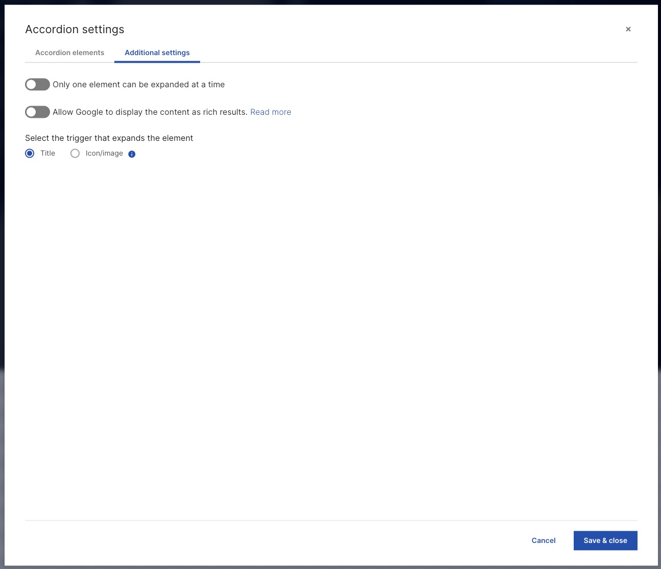 The accordion settings pop-up page, additional settings tab.