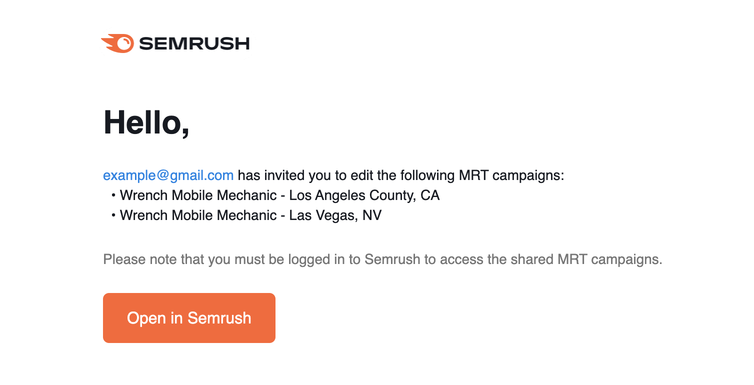 An example of the email notification about a campaign being shared.
