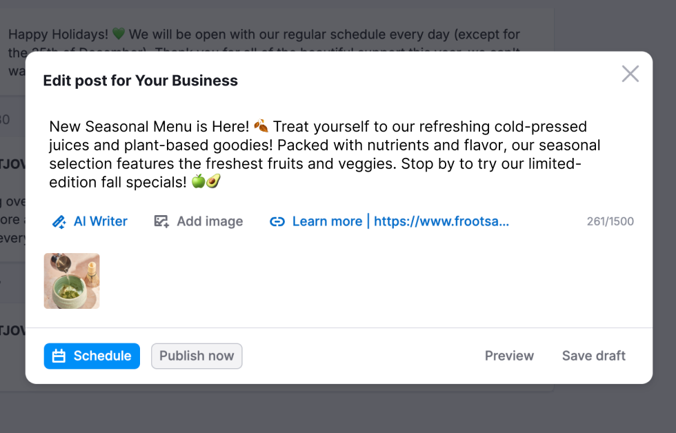 An example of the Edit post for your Business pop-up.