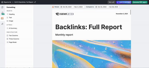 My Reports: click the pencil icon net to the original Semrush logo and select a new one.