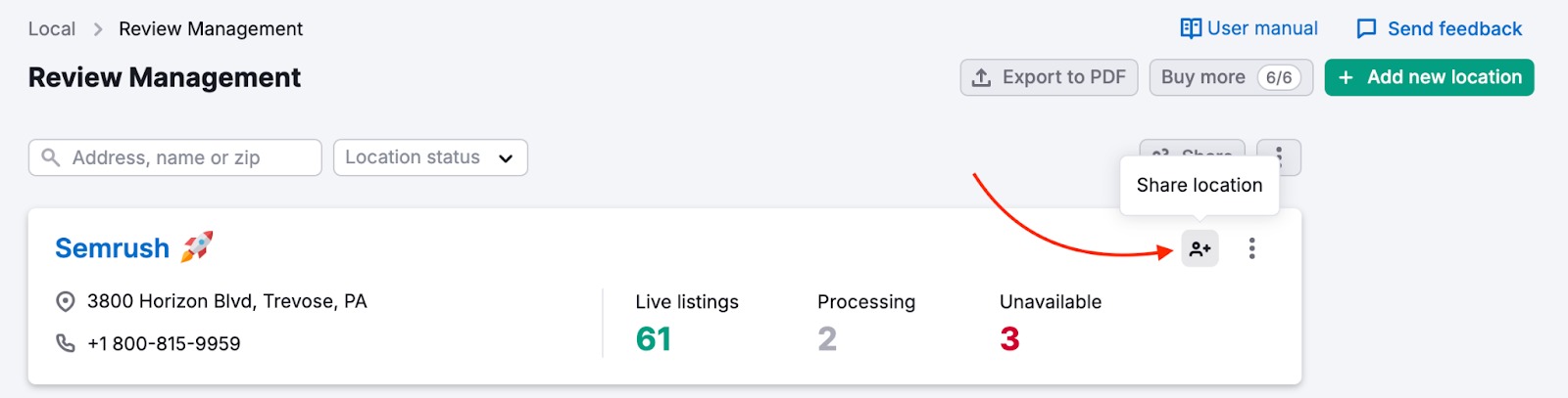 The list of locations in Review Management with a red arrow pointing to the Share button.