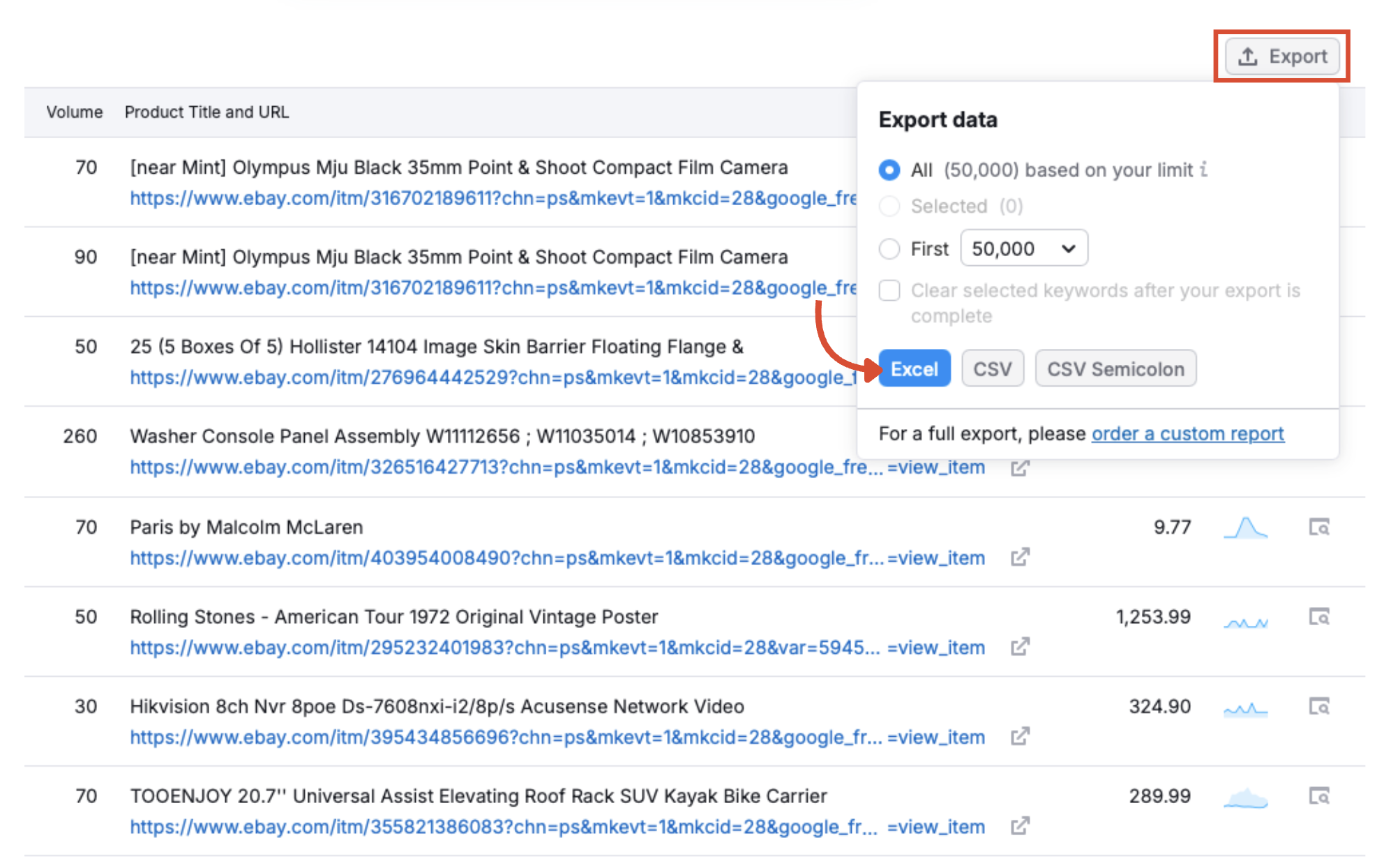 The export options in PLA Research.