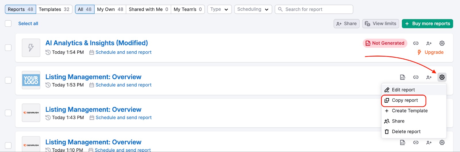 A view of the settings menu on the main My Reports page. Under the gear icon on the right is a dropdown menu with the Copy report option highlighted.