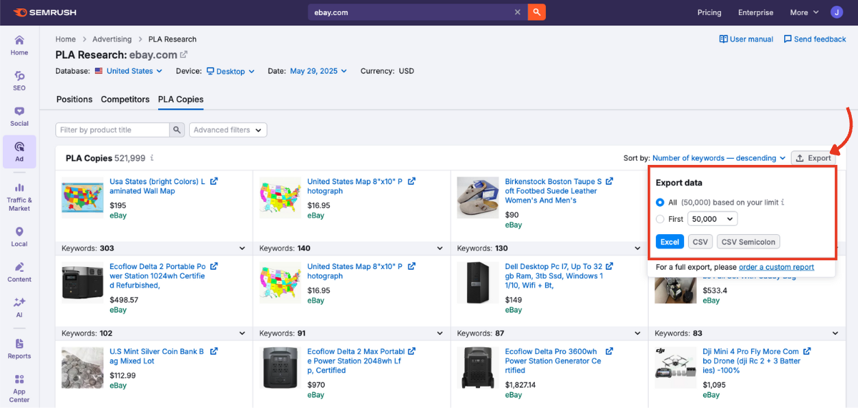 Export data options in the PLA Copies tab.