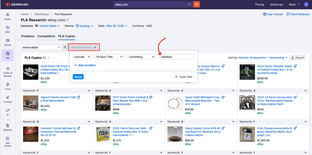 Advanced filters menu open, excluding product titles containing the word baseball.