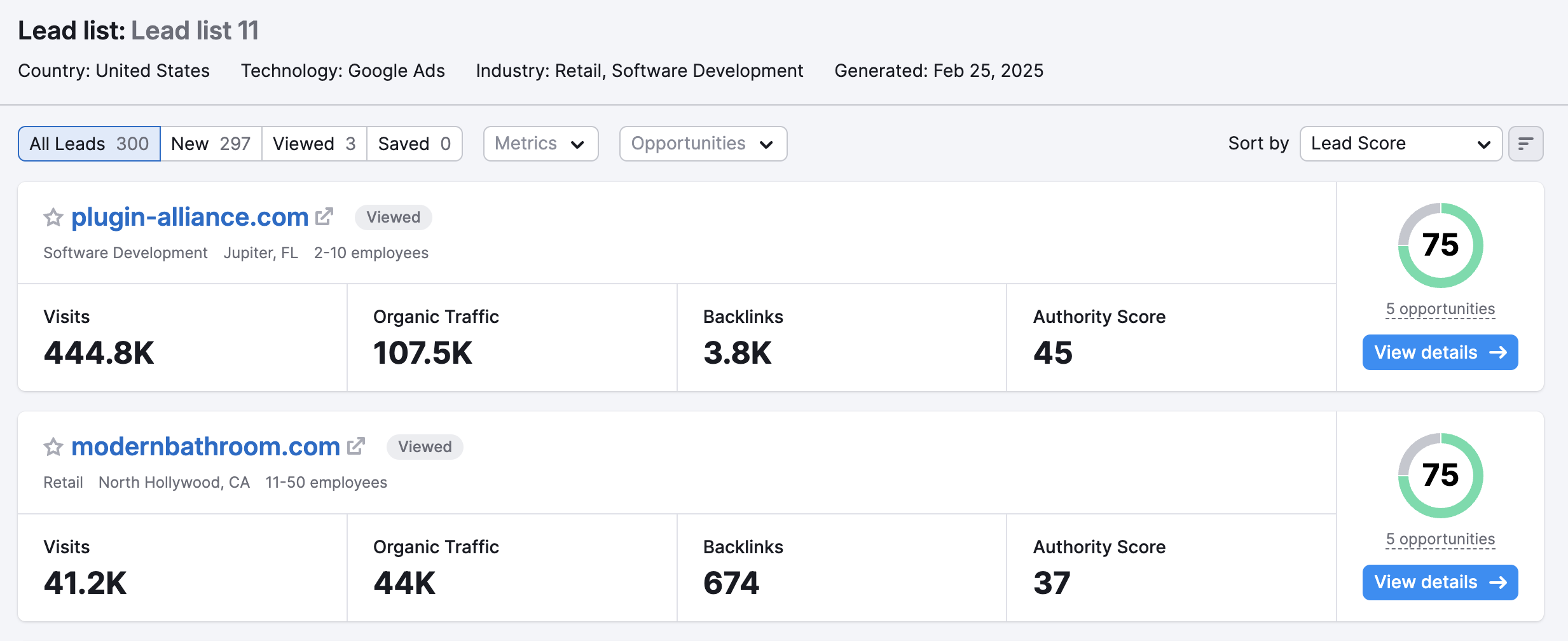 An example of what Lead Finder interface looks like after leads were generated.