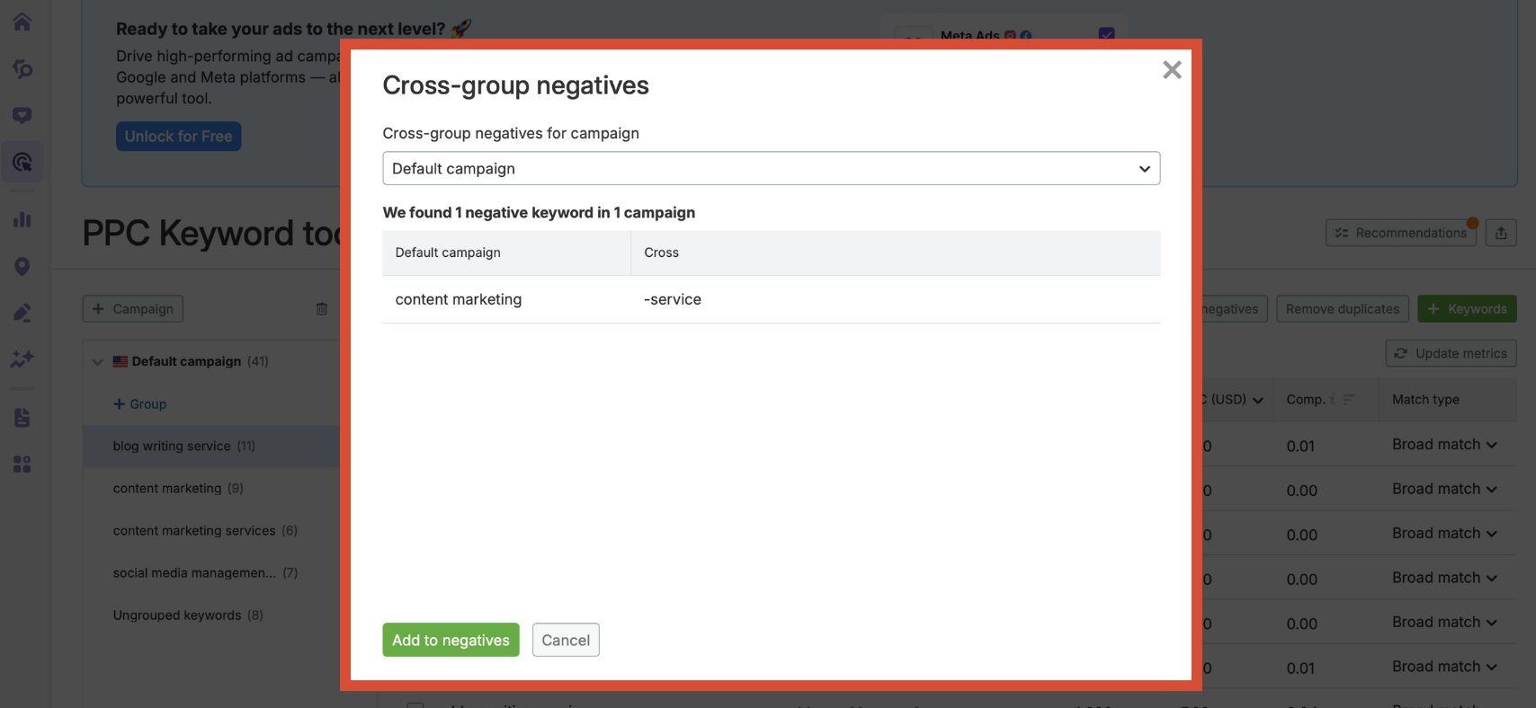 Keywords Semrush recommends adding to negatives.