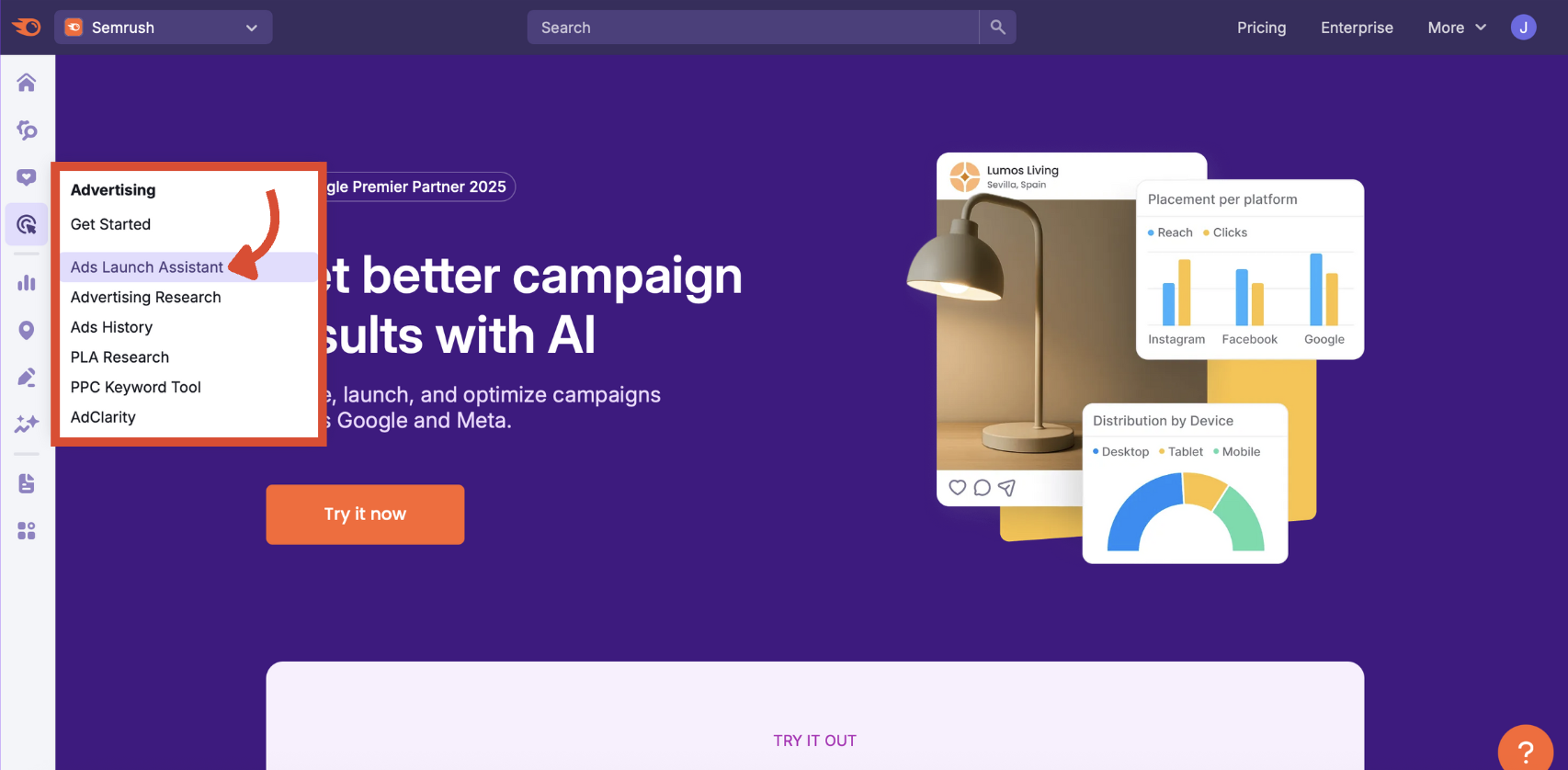 Ads Launch Assistant option selected in the Semrush Advertising side menu.