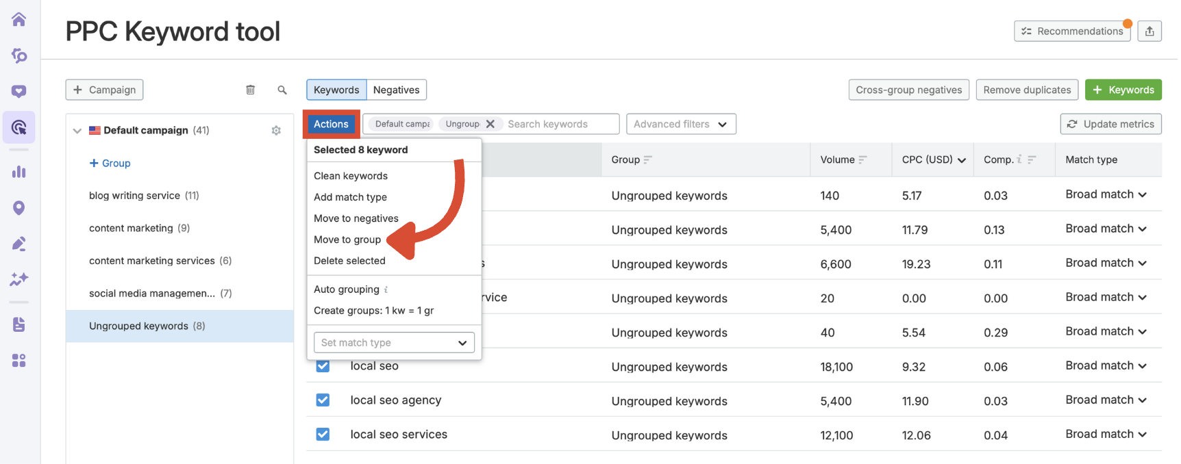 Moving selected keywords to a group from the Actions menu.