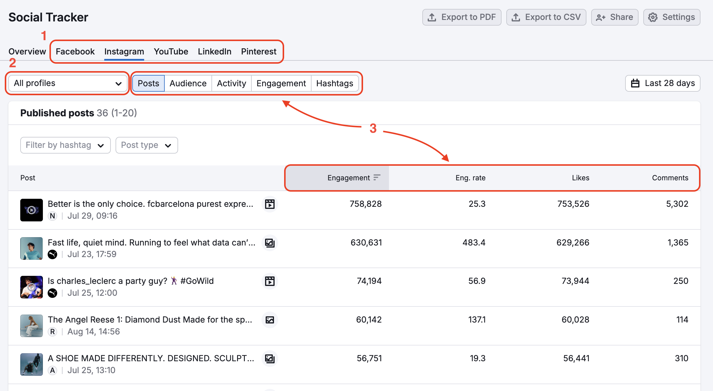 An example of the Facebook report in Social Tracker with red rectangles highlighting the names of the reports, the titles of tabs in the report and metrics in the Posts report.