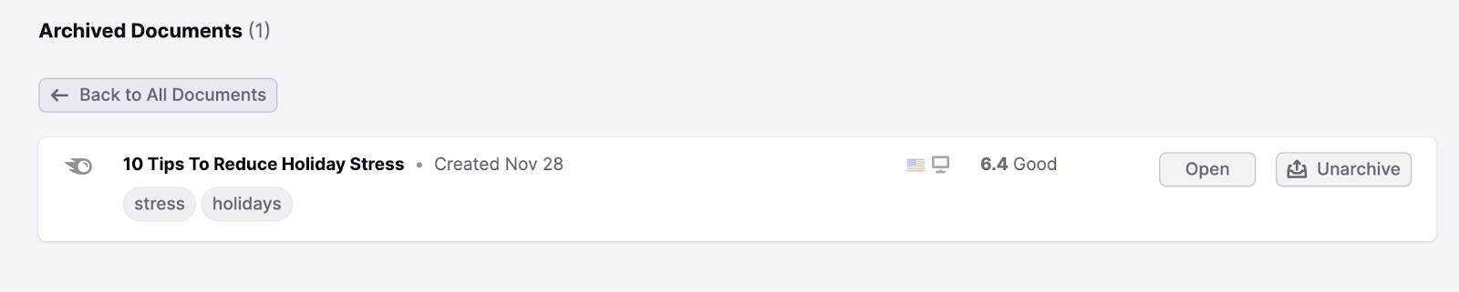 An example of the archived document list showing one document.