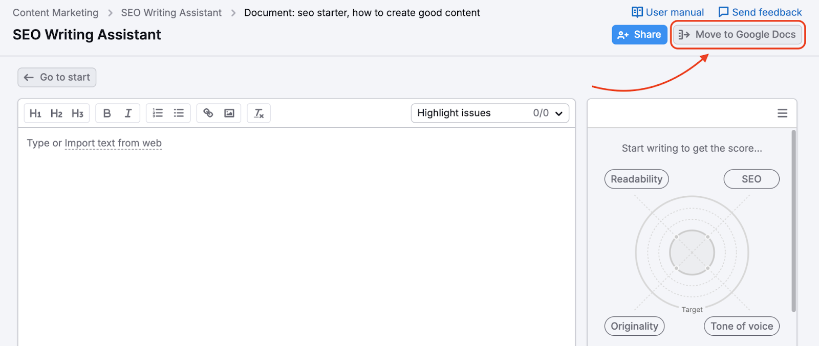 SEO Writing Assistant interface with an arrow pointing to the “Move to Google Docs” button.