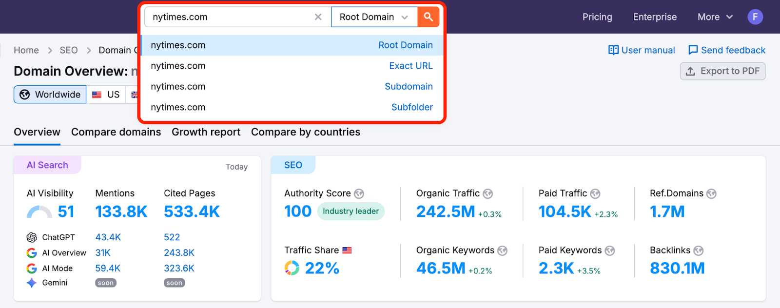 After entering a website into a search bar, open the dropdown menu via the arrow icon on the right. The list of available options (root domain, exact URL, subdomain, subfolder) will be available for selection.